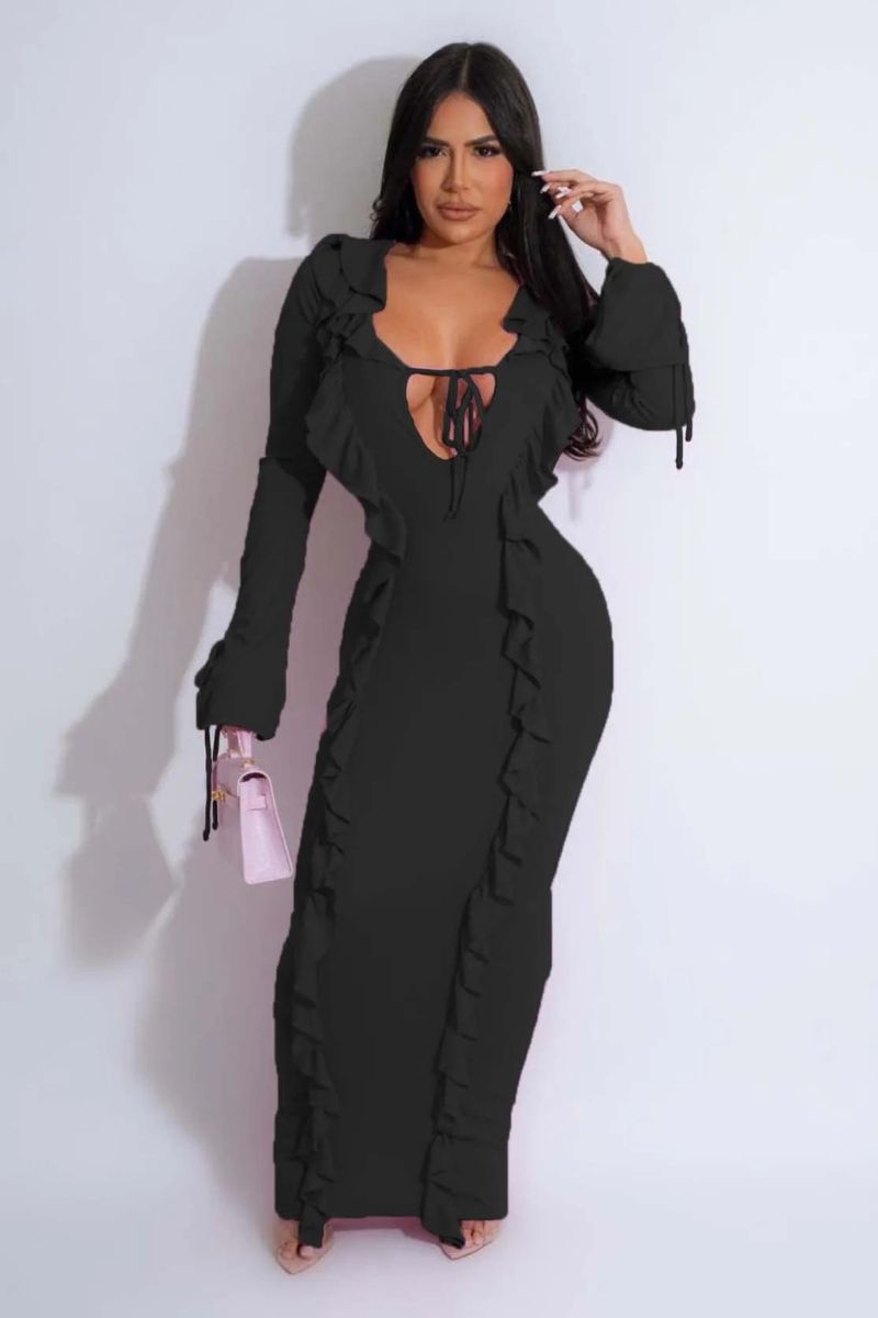 Figurbetontes, langärmliges Kleid mit Rüschen im Quallen-Design (Kopie)